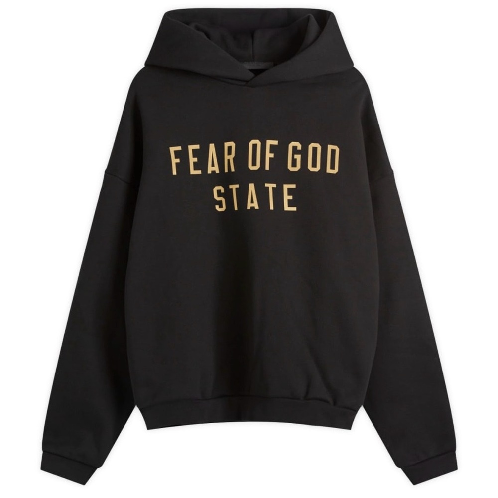 Fear of God Essentials Black Hoodie with Gold Lettering